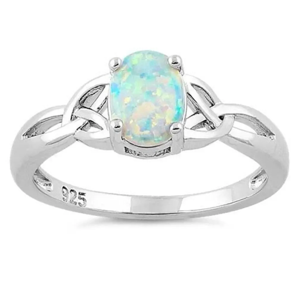 Sterling Silver Oval Celtic White Lab Opal Ring - Picture 2 of 4
